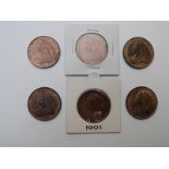 1896-1901 run of veiled head Victorian pennies, various grades VF- near unc with lustre, 6 coins