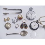 A 9ct gold ring, pocket watches including 'The Campaign' by Mappin and Webb, silver spoon, silver