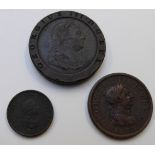 George III 1797 cartwheel twopence together with an 1807 penny and a 1799 Soho third issue farthing,