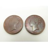 1841 Victorian copper penny, no colon after reg., EF, together with an 1847 example, EF with tiny