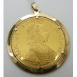 Austrian 1915 gold coin in a 14ct gold mount, 18.8g