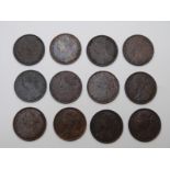 A collection of twelve 1870s young head bronze pennies to include 1870, 1872, 1873, 1874, 1875, 1878