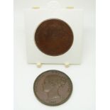 1847 Victorian copper penny, close colon, together with an 1848 far colon example, both EF