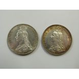 Two Jubilee head Victorian crowns for 1888, one having the close date, one with the wide date,