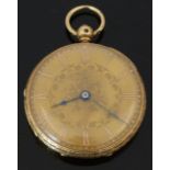 English 18ct gold open faced pocket watch with blued hands, Roman numerals, engraved dial and