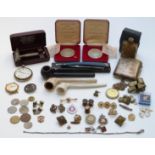 Hallmarked silver cigarette case, military badges, silver fobs, Guinness cufflink, military watch,