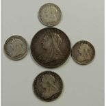 1900 Victorian veiled head crown together with further veiled head coins including 1899 florin and