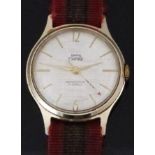 Smiths Empire gentleman's wristwatch with gold baton markers, red arrow tipped seconds hand, linen