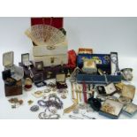 A collection of costume jewellery including large enamel brooches, marcasite, watch, necklaces,
