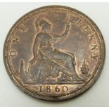 1860 Victorian young head bronze penny, BB, signature on cape obverse, LCW under shield, rock to