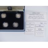 Royal Mint deluxe cased UK £1, four coin silver proof Piedfort set 1994-97