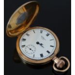 Waltham gold plated keyless winding half hunter pocket watch with inset subsidiary seconds dial,