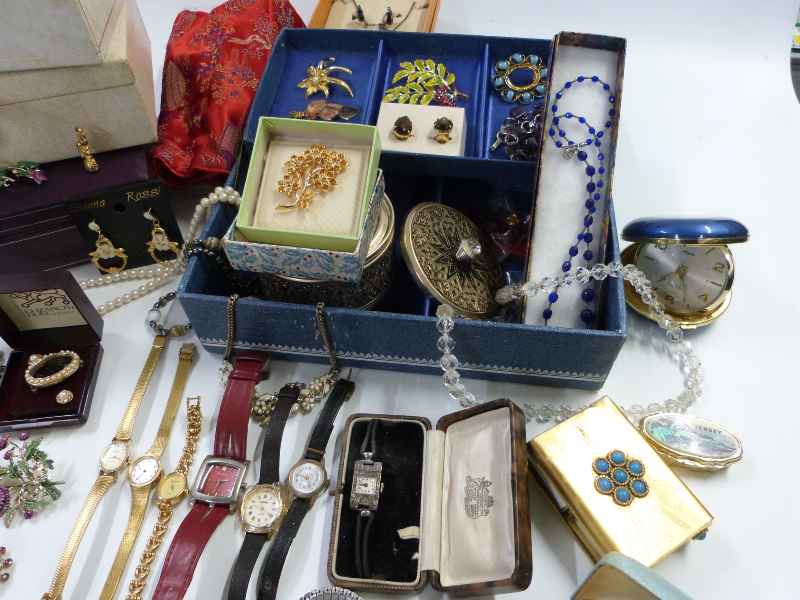 A collection of costume jewellery including large enamel brooches, marcasite, watch, necklaces, - Image 11 of 13