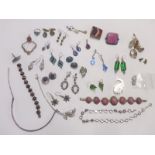 A quantity of silver jewellery including pendants, vintage paste earrings and necklace, agate brooch
