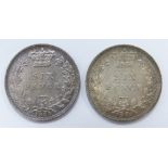 1884 young head Victorian sixpence, VF-EF, together with an 1885 example, VF-EF