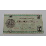 Faroe Islands 5 Kronne, 1949 banknote (1951-60) VF corner crease
