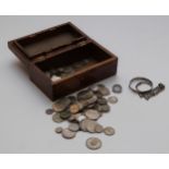 An interesting collection of largely overseas coinage in wooden box, 19thC onwards, with high silver