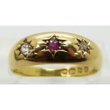 Victorian 18ct gold ring set with a ruby, a diamond and paste, Chester 1900, size O