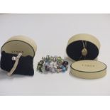 A silver necklace and silver bracelet in Links of London boxes and two Pandora style bracelets.