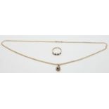 A 9ct gold necklace set with a sapphire and diamonds and a 9ct gold ring set with diamonds and