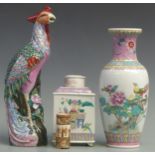 Chinese porcelain tea caddy, Chinese bird figure, vase etc, tallest 30cm