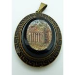 Victorian pendant set with a micro mosaic depicting the Pantheon within enamel Greek key border, 3 x