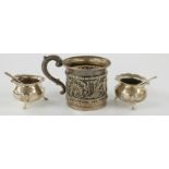 Walker & Hall Edward VII hallmarked silver embossed cup and a pair of hallmarked silver open salts