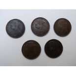 1890, 1891, 1892 and 1893 later young head Victorian bronze pennies, all VF+, 5 coins