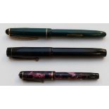 Three vintage fountain pens comprising Conway Stewart Dinkie No. 510 with marbled barrel and cap