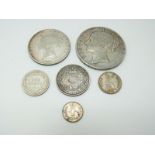 Six Victorian young head coins comprising 1845 crown, half crown, 1878 shilling with die no 1,