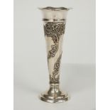 Edward VII hallmarked silver trumpet vase with repoussé decoration, London 1906 maker William Comyns