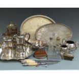 A quantity of silver plate including trays, salver, teaware, horse on plinth, pedestal bonbon dish