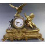 Nineteenth century gilt metal mantel clock with enamel Arabic dial, filigree hands, the French