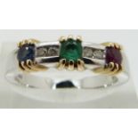 A 14ct white gold ring, set with diamonds, an emerald, a ruby and a sapphire, size M