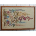 An embroidered silk tapestry of lupins and hollyhocks, dated October 1952 signed DNB