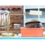 Brass desk lamp and a quantity of metalware including door knocker, hinges etc