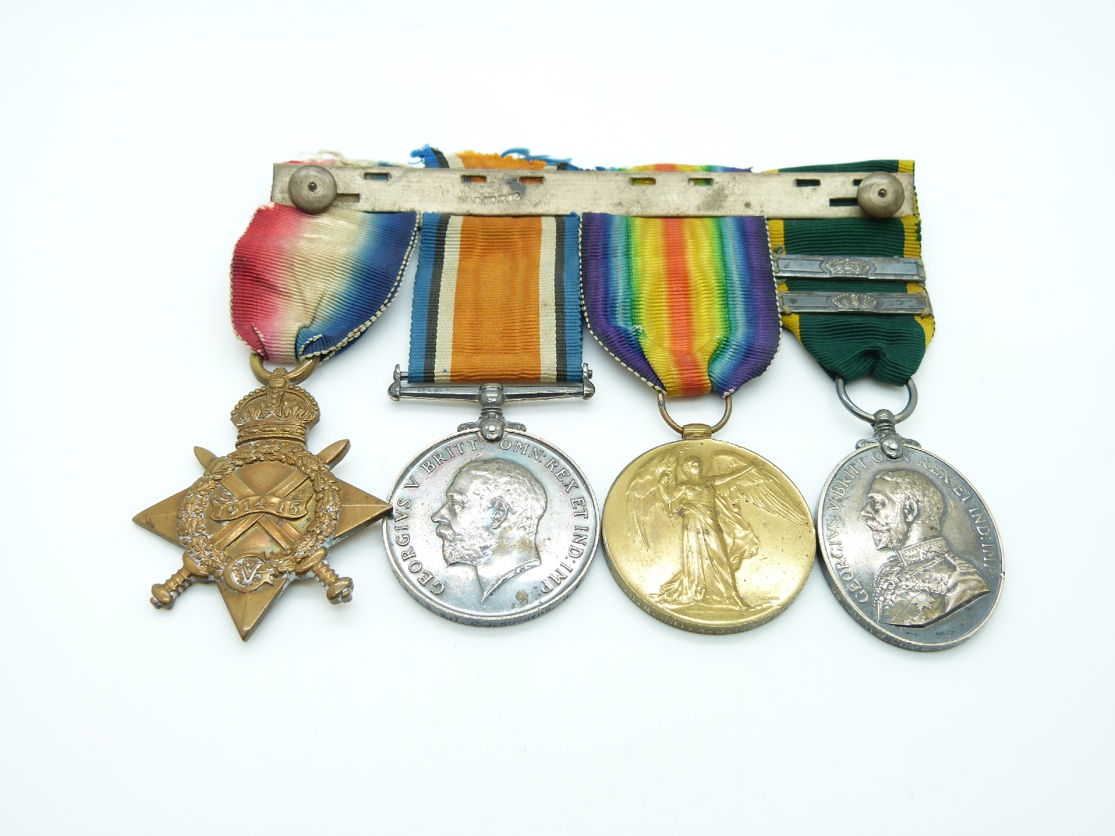 British Army WWI medals comprising 1914/1915 Star, War Medal, Victory Medal and Territorial Force