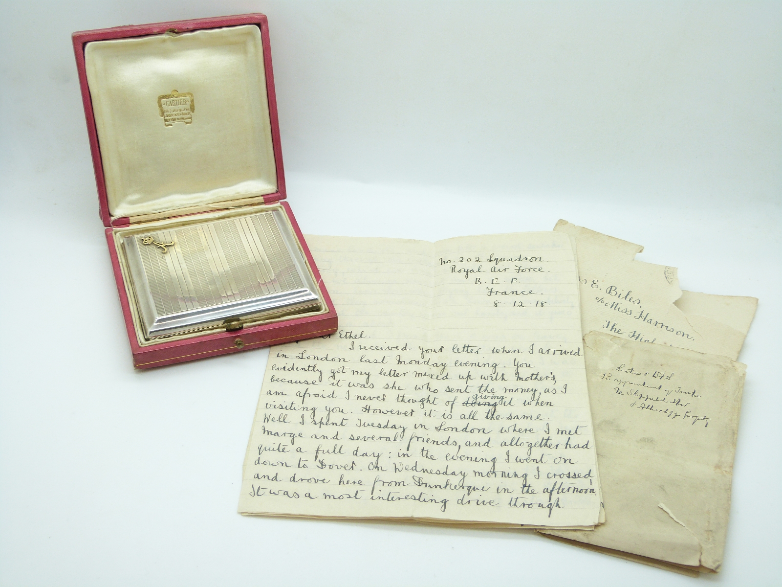 WWI continental silver cigarette case presented to Captain Biles RAF later Bentley by King Albert of - Image 4 of 4