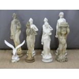 Six garden statues of ladies, a bird bath base and an eagle