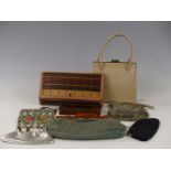 A collection of vintage handbags including tortoiseshell, bakelite etc
