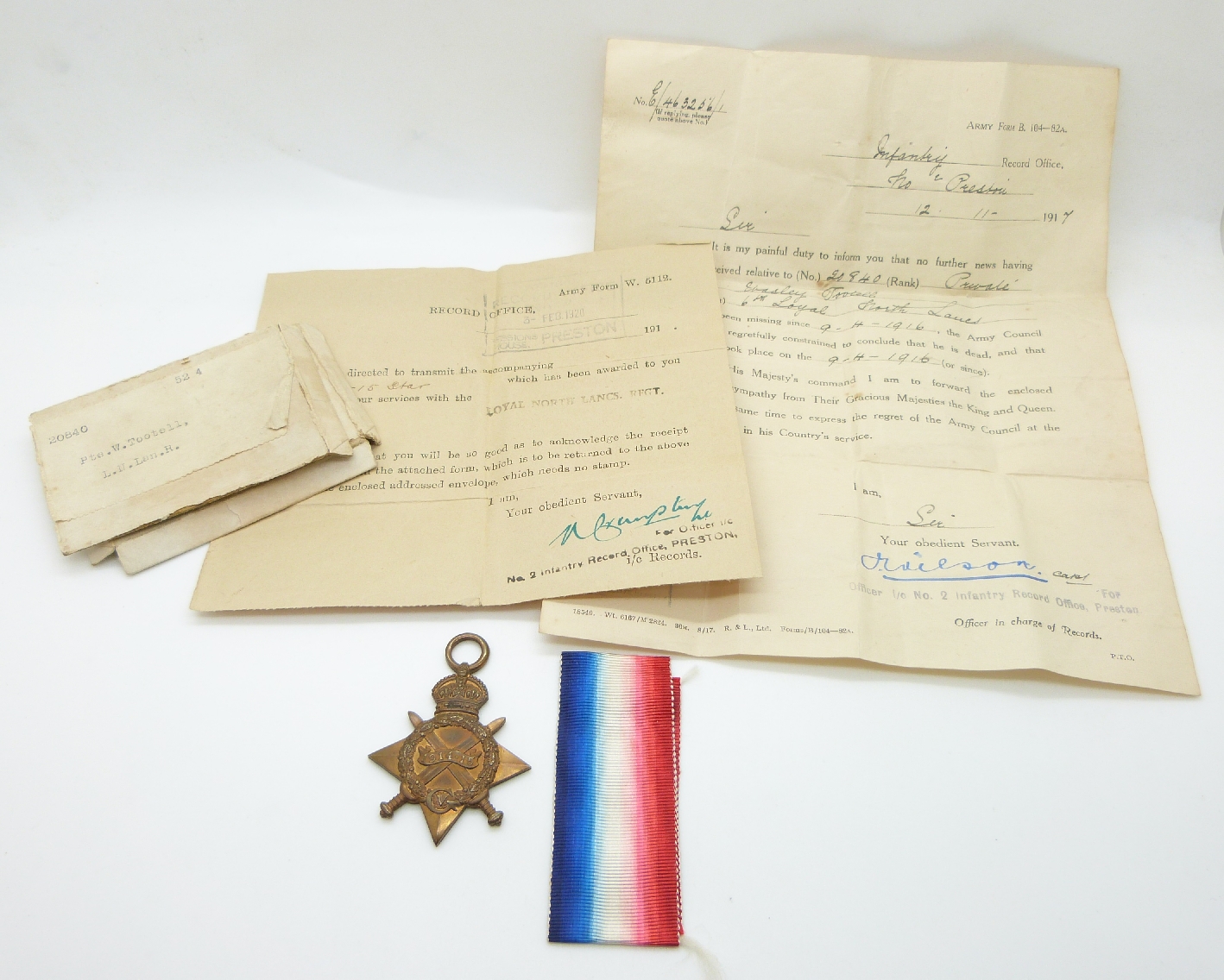 British Army WWI medal 1914/1915 Star named to Pte. W. Tootell Royal North Lancashire Regt with