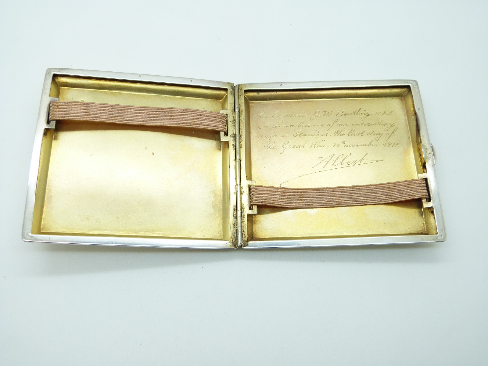 WWI continental silver cigarette case presented to Captain Biles RAF later Bentley by King Albert of - Image 3 of 4