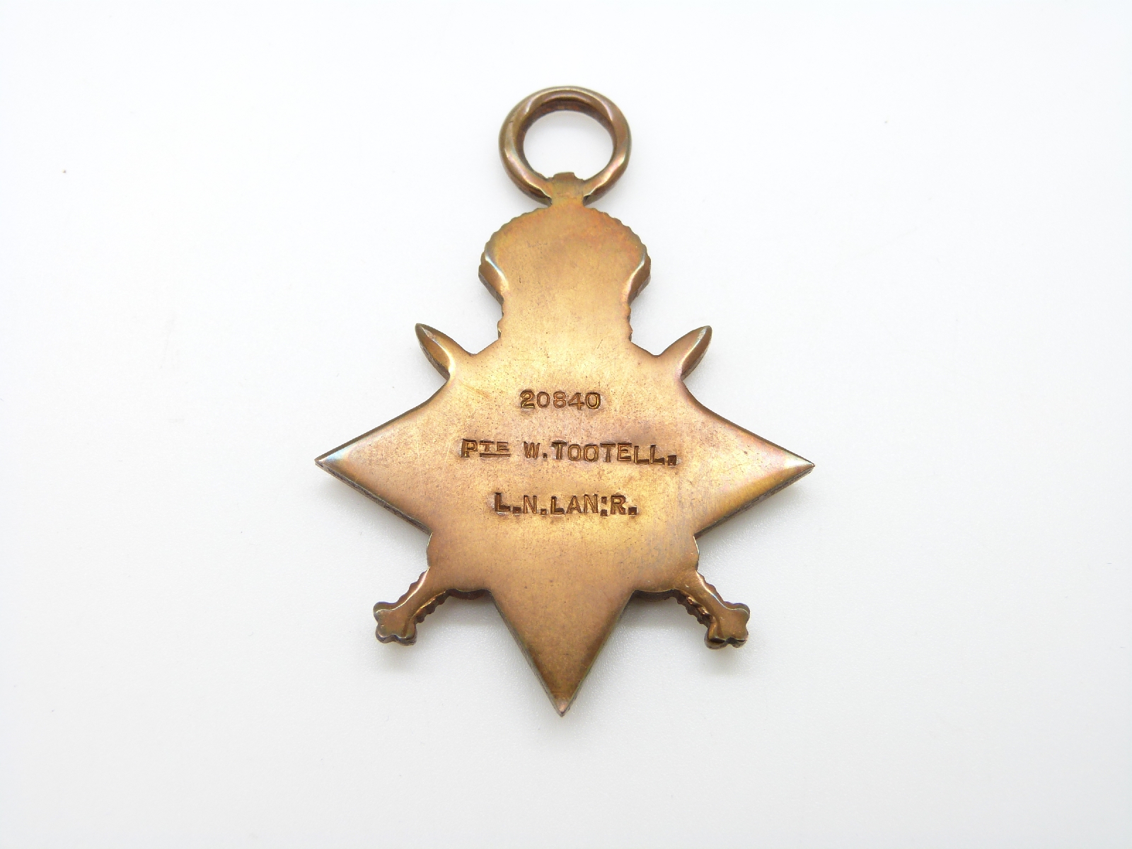 British Army WWI medal 1914/1915 Star named to Pte. W. Tootell Royal North Lancashire Regt with - Image 3 of 3