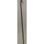 Carved and painted wooden walking stick with handle in the form of a woodcock, 145cm long.