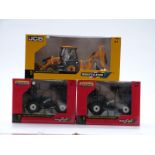 Three Britains 1:32 scale diecast model agricultural vehicles comprising JCB 3CX Backhoe Loader