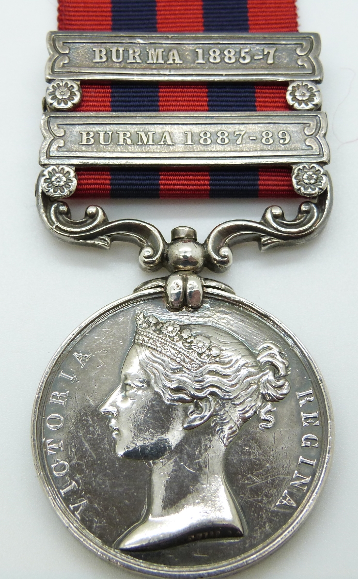 Victorian British Army Indian General Service Medals with two clasps, Burma 1885-7 and Burma 1887-89