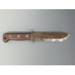 British Army survival knife with wooden handle and copper rivets, stamped to handle 1278214, blade