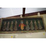 Indian School; a male figure with female courtesans, oil on canvas, 39.5 x 114cm.