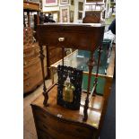 A 1930s burr walnut side table, with brushing slide and frieze drawer, 38cm wide.