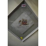 An Alice in Wonderland printed silk handkerchief, framed, the handkerchief 17cm square.